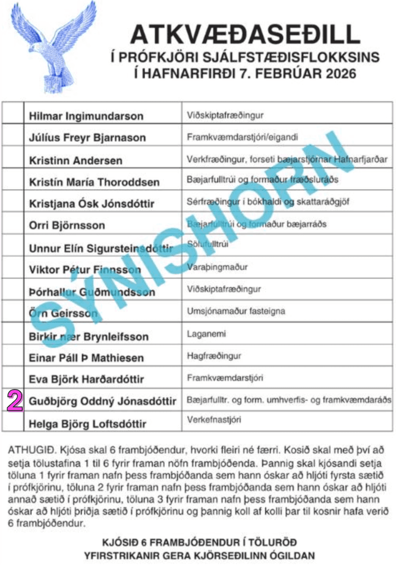 Kjörseðill - Muna að setja Guðbjörgu í 2. sætið